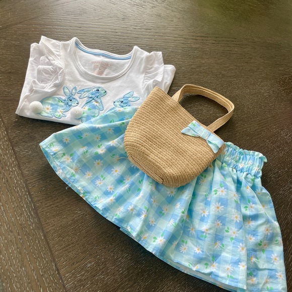 Blue Floral Skirt and Bunny Top with Straw Bag - Picture 1 of 1